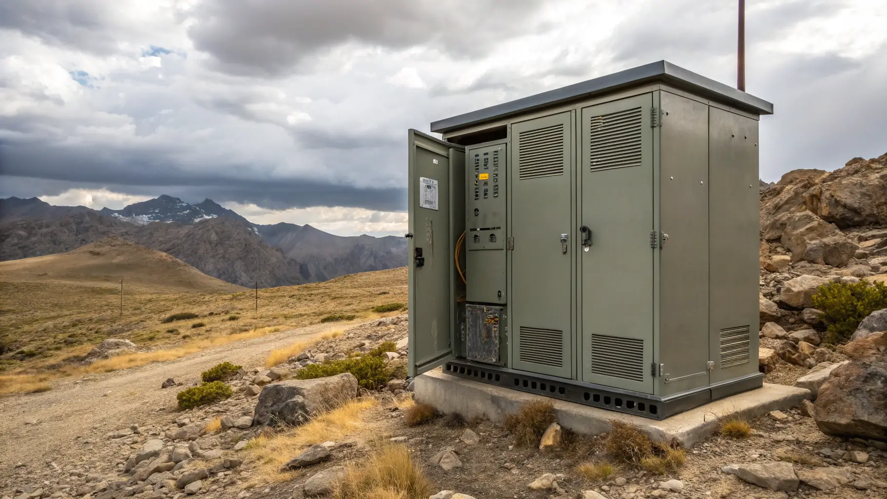 A rugged outdoor 5G ODU device with high-gain antennas, installed in a challenging environment, showcasing durability and advanced connectivity.