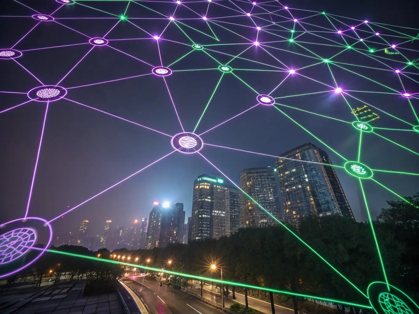 A dynamic image showcasing a network of interconnected nodes representing AI, with upward-trending graphs symbolizing growth and viral marketing success. The color palette should be vibrant and energetic, reflecting the brand's innovative and trend-savvy approach.