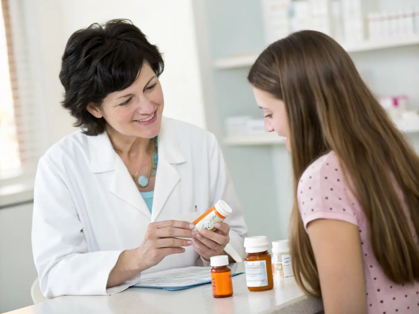A digital illustration of a pharmacist reviewing a patient's medication profile, highlighting clinical expertise, with a focus on patient care and precision.