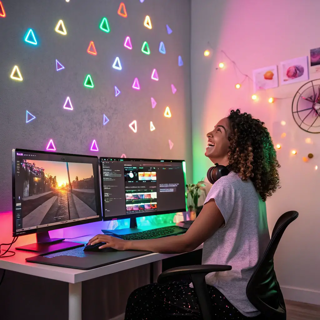 A focused editor working diligently on a complex video editing project, surrounded by multiple monitors displaying timelines and visual effects.