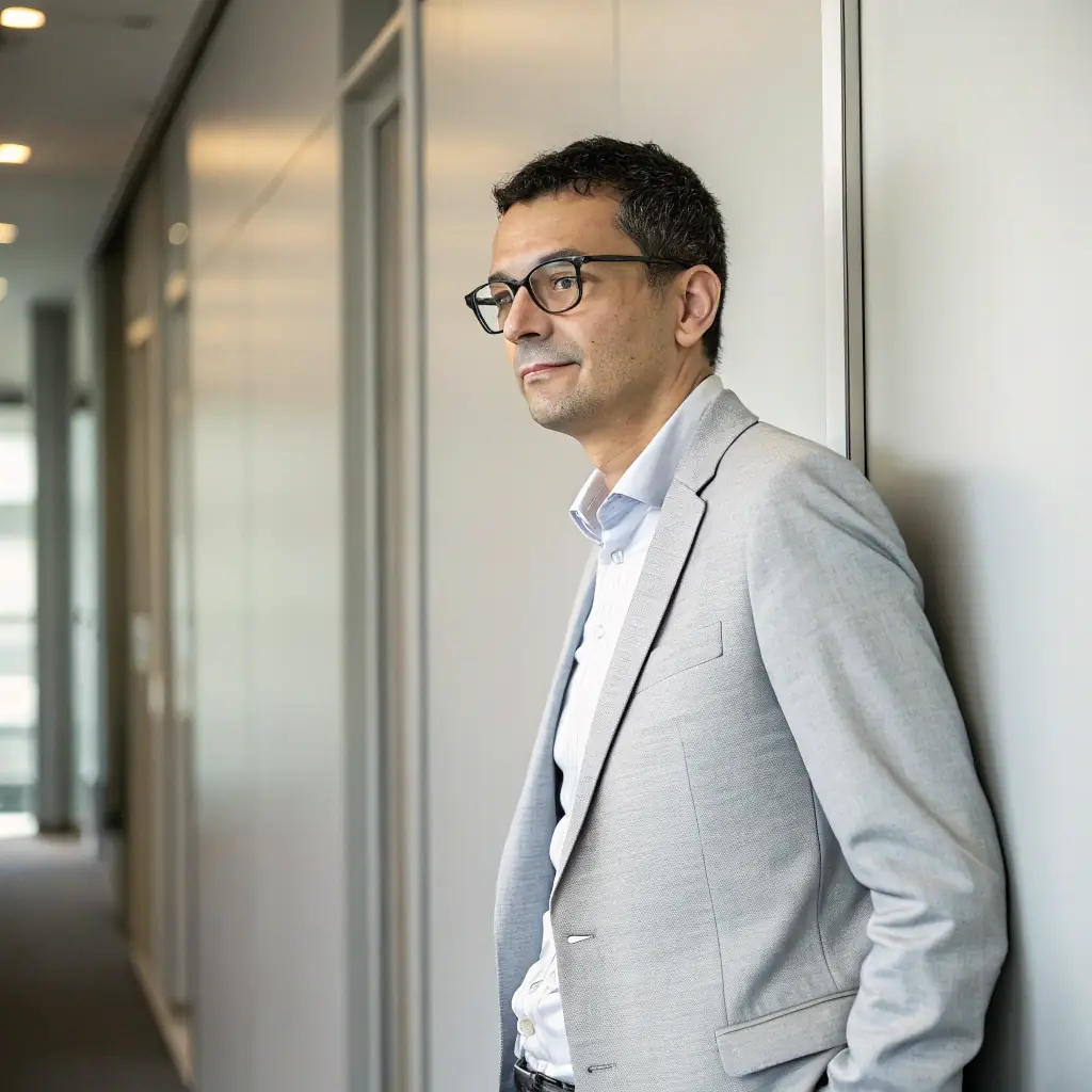 Antoine is tall with a lean build, sporting a neatly trimmed beard and a classic vintage look.