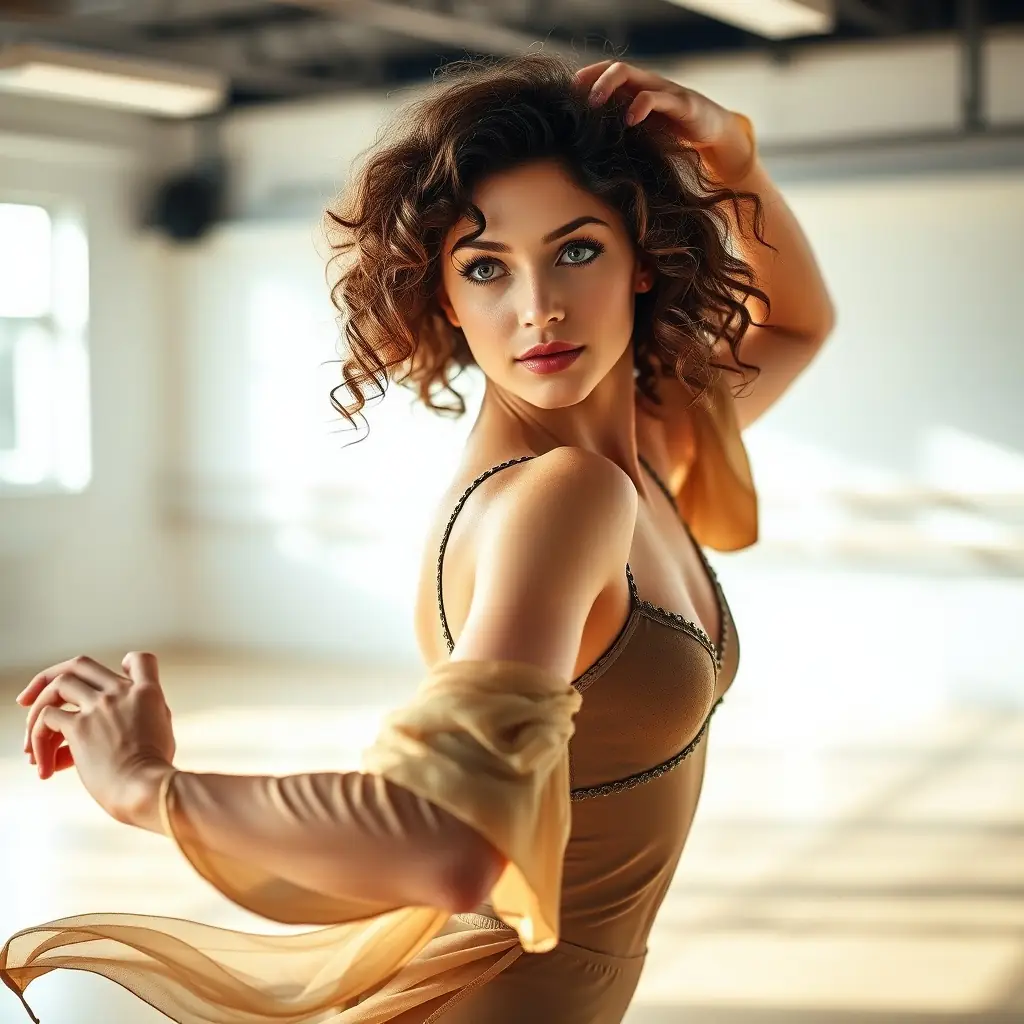 Kim has short curly brown hair, a warm smile, and is often seen wearing comfortable dance attire.