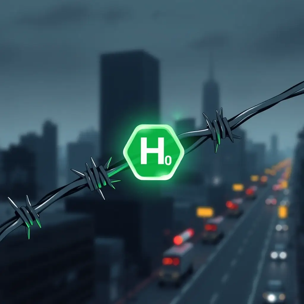 A stylized image depicting the challenges of hydrogen energy: a hydrogen molecule partially obscured by barbed wire, symbolizing inaccessibility and danger, with a faint green glow suggesting its potential as a clean energy source. The background should be a blurred cityscape, representing the need for cleaner transport solutions.