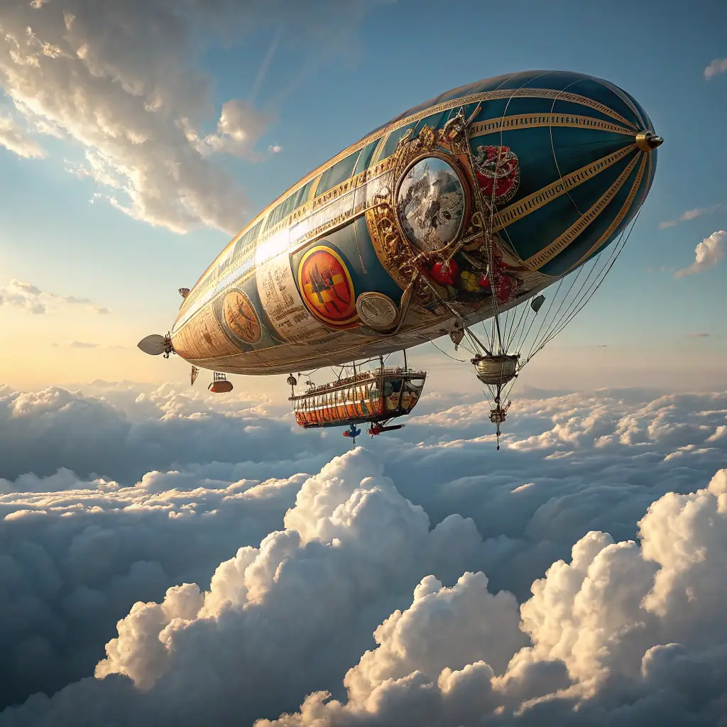 An image depicting a futuristic airship with a symbol transforming from an 'X' into an open hand or dove, symbolizing unity and progress. The scene should convey a sense of hope and collaboration.