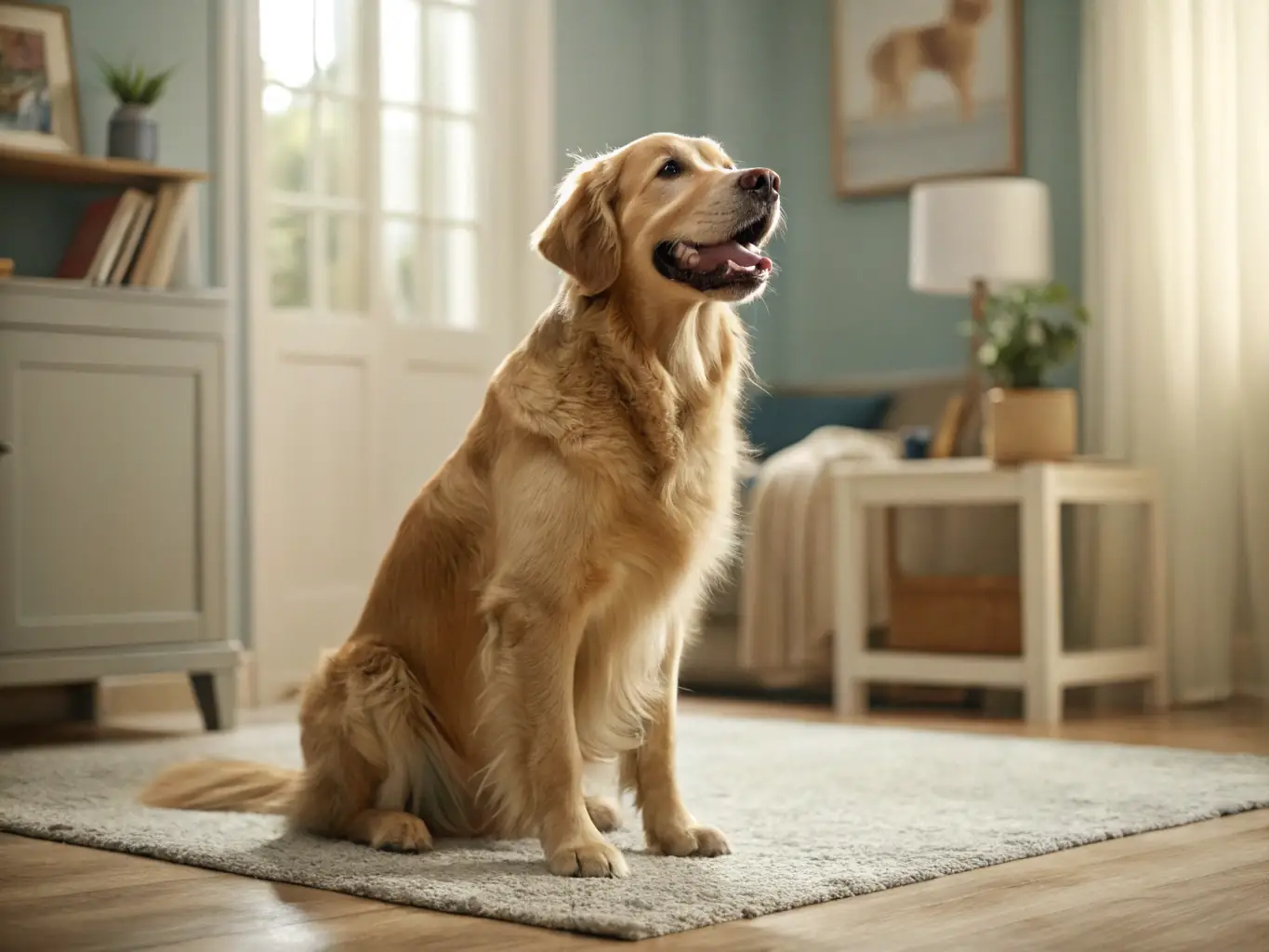 A happy dog sitting in a modern apartment with large windows.