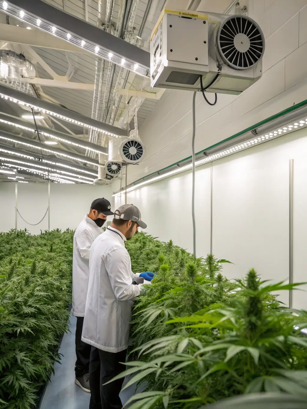 An employee at Mojave Dream Farm wearing safety glasses and inspecting cannabis plants in a state-of-the-art cultivation facility, emphasizing the company's commitment to quality and innovation.