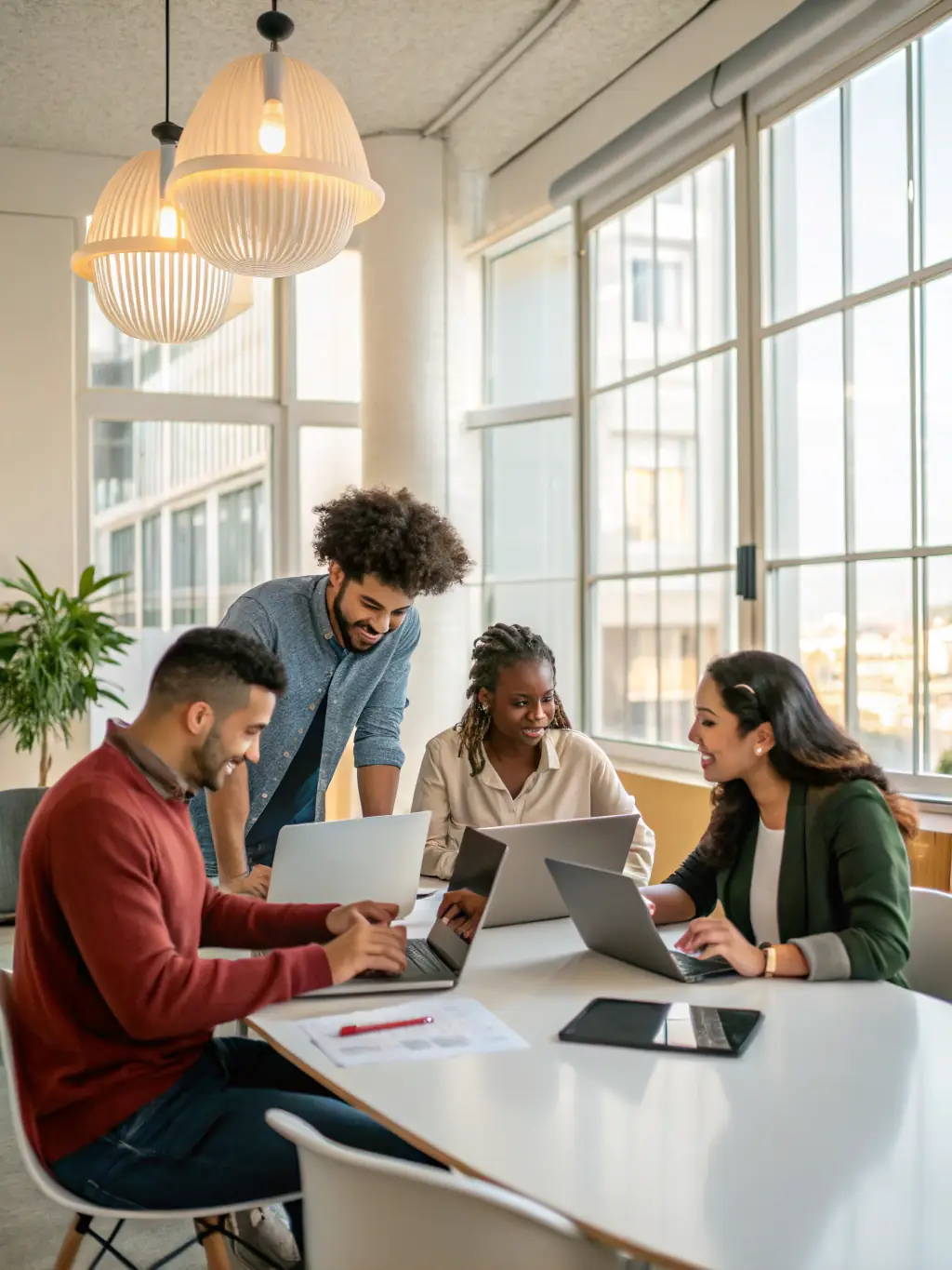 A group of diverse employees at Mojave Dream Farm laughing and collaborating in a modern, sunlit office space, showcasing a positive and inclusive work environment.