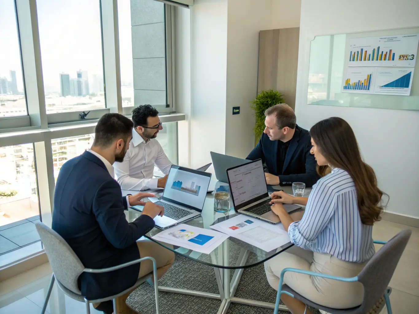 A diverse team of business consultants collaborating in a modern office, brainstorming ideas and strategies for small business growth. The atmosphere is energetic and supportive, reflecting Mernouten's commitment to client success.