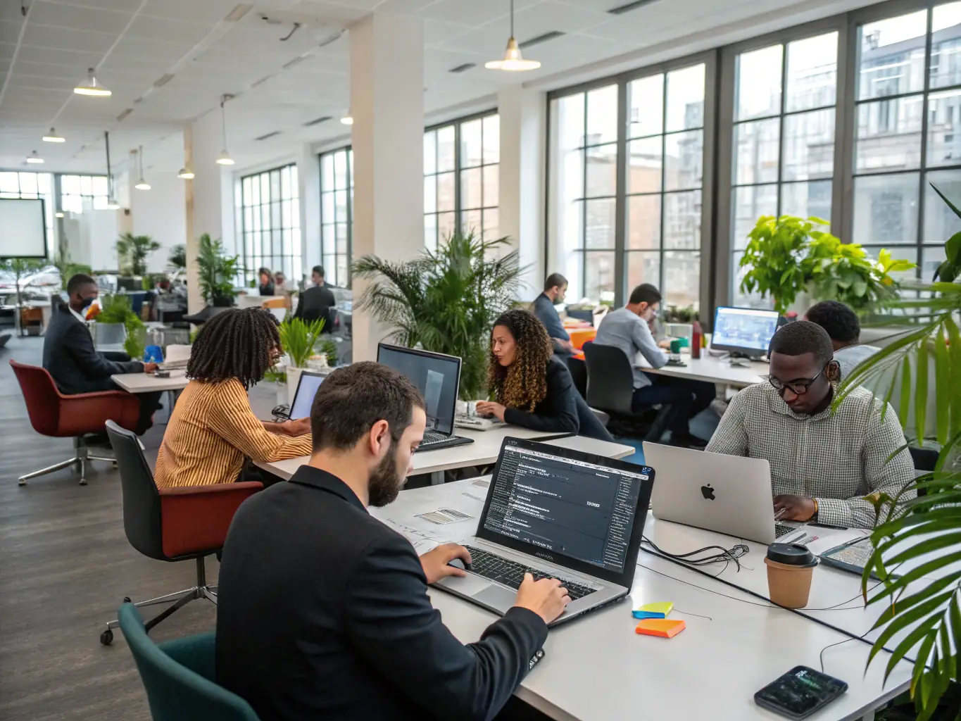 A modern office space with people working on computers, showcasing the integration of AI and automation solutions.