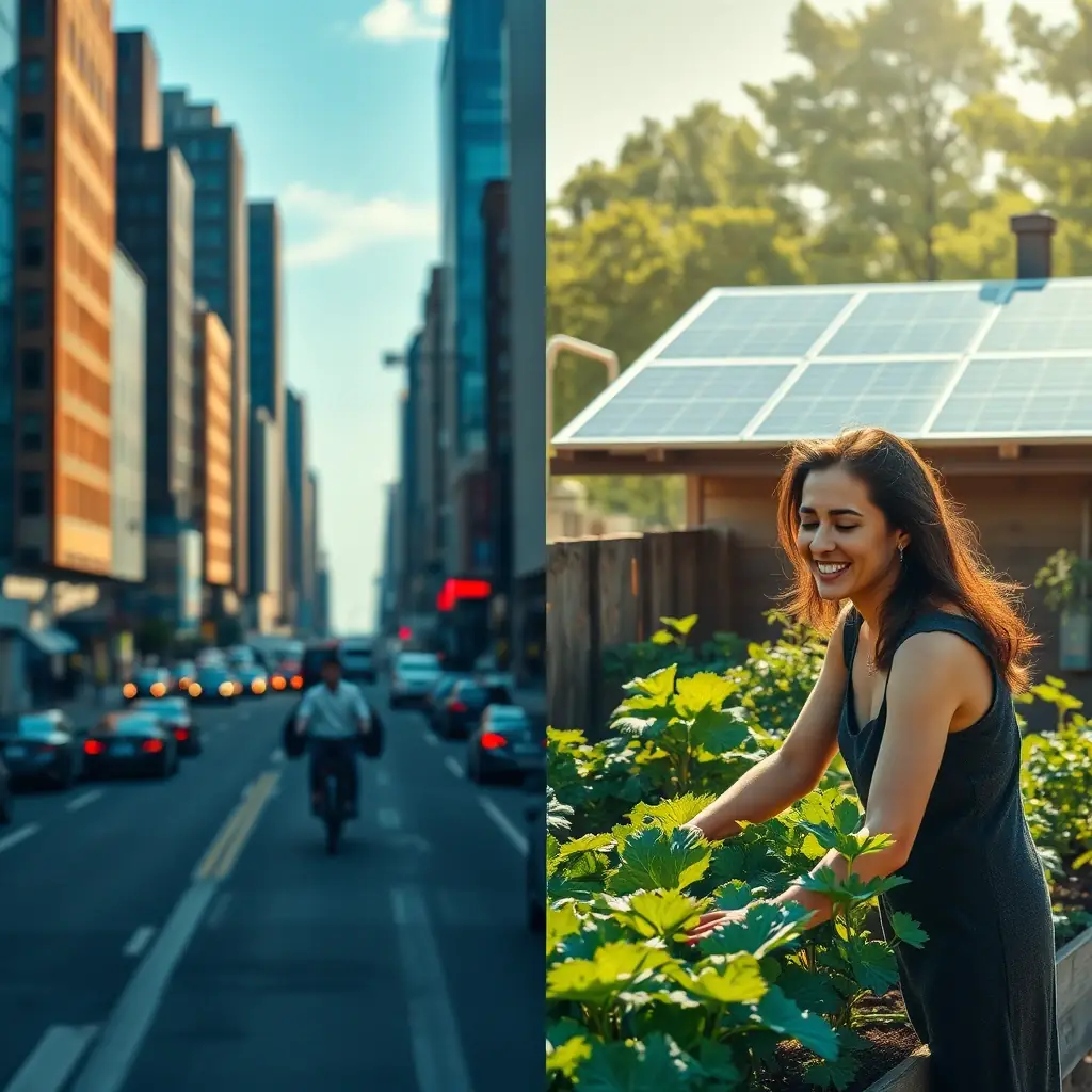 A split image. On the left, a person looking stressed and overwhelmed in a busy city environment. On the right, a person smiling peacefully while tending to a thriving home garden with solar panels in the background, representing self-sufficiency.