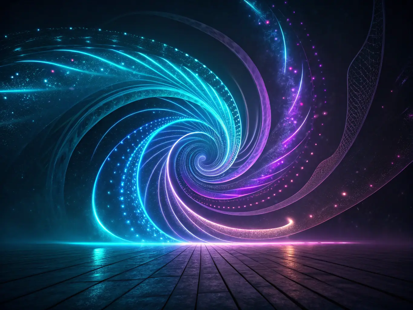 a vibrant, animated background with AI-inspired digital patterns and deep blue accents