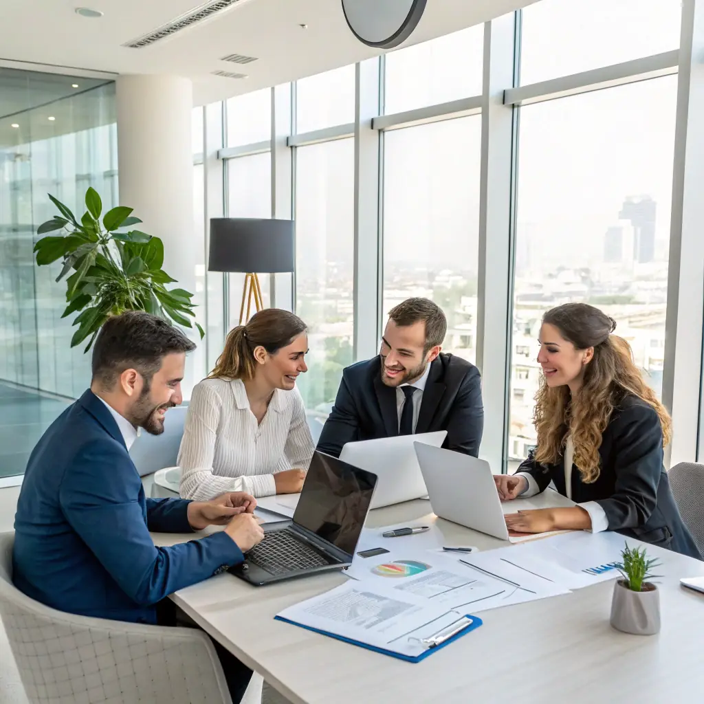 A professional team of consultants working in Kazakhstan, providing strategic planning, project management, and business optimization services, with a modern office environment in Astana.