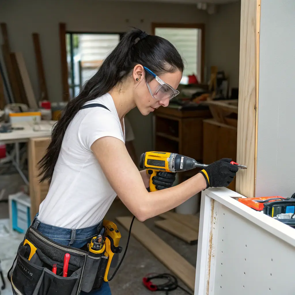 Maria is a woman in her early 30s with long, dark hair usually tied back in a ponytail. She has a focused expression and is always equipped with the necessary tools.