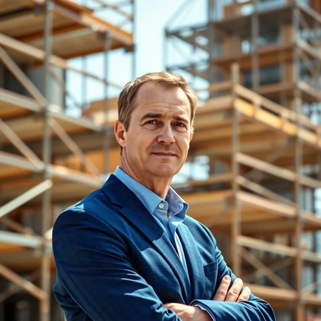 John is a man in his late 40s with short, neatly combed brown hair and a friendly, approachable demeanor. He often wears a JM Construction Group branded polo shirt.