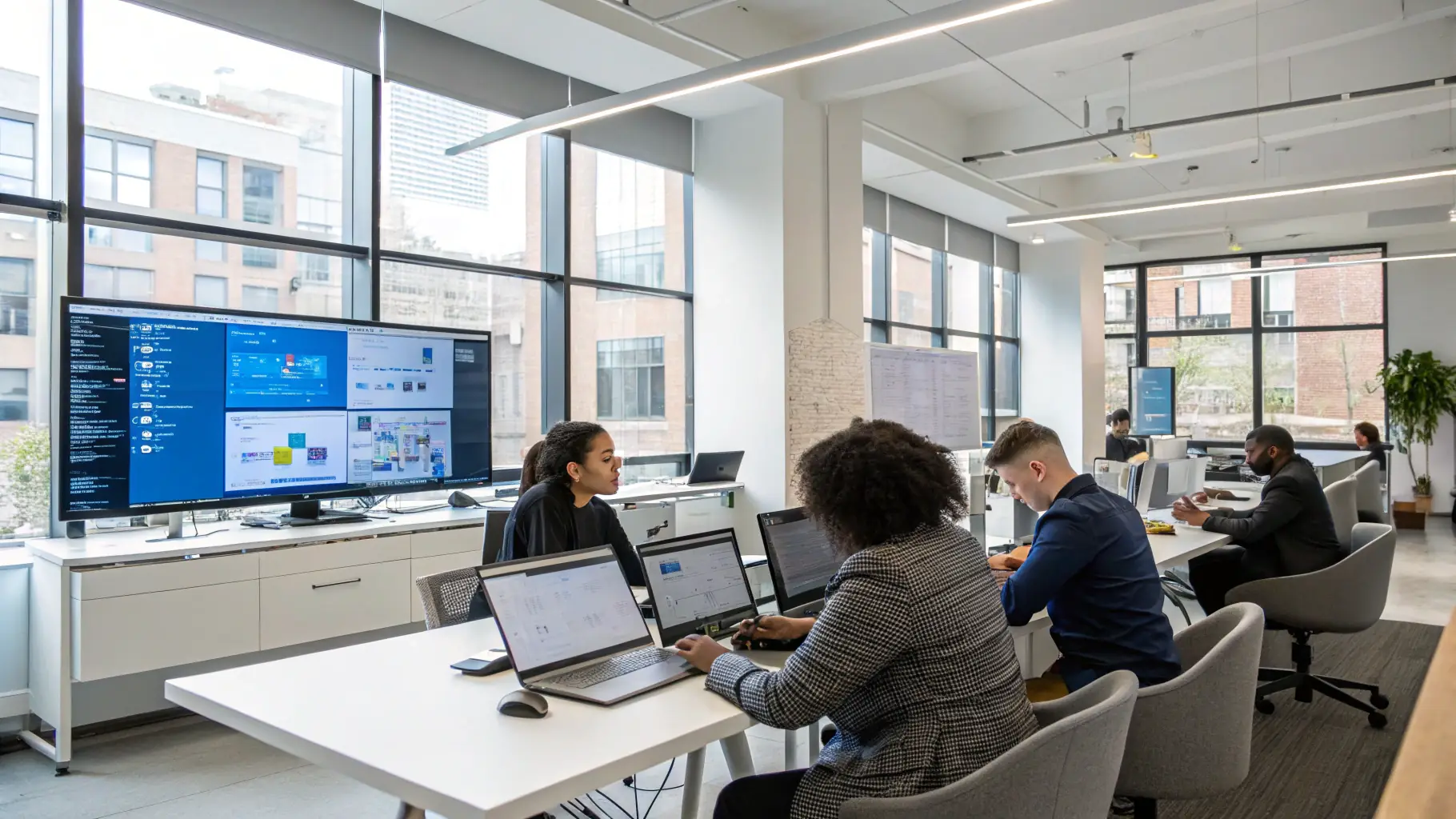 A modern office environment showcasing Microsoft 365 and SharePoint solutions, with employees collaborating seamlessly on various devices.