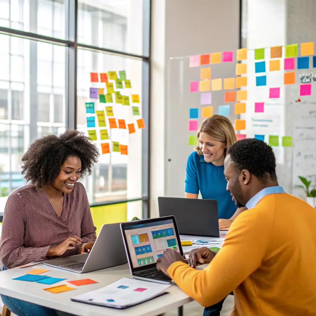 An office environment showcasing a team collaborating on a digital whiteboard displaying the Microsoft 365 and SharePoint logos, symbolizing end-to-end solutions.