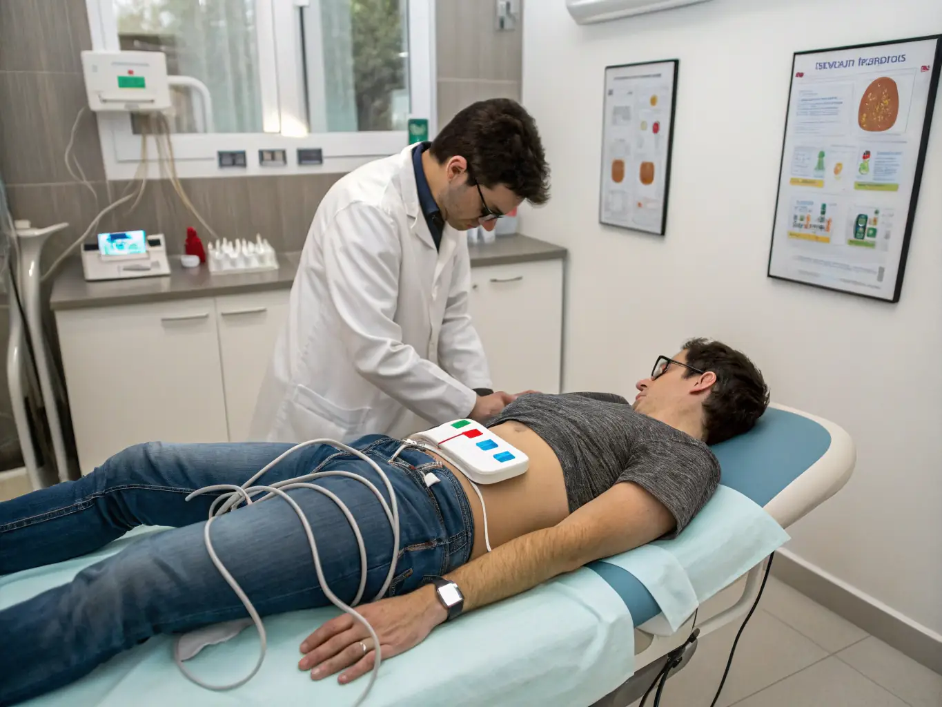 A physiotherapist administering advanced electrotherapy to a patient's shoulder in a modern clinic setting, showcasing the clinic's commitment to innovative treatment methods.