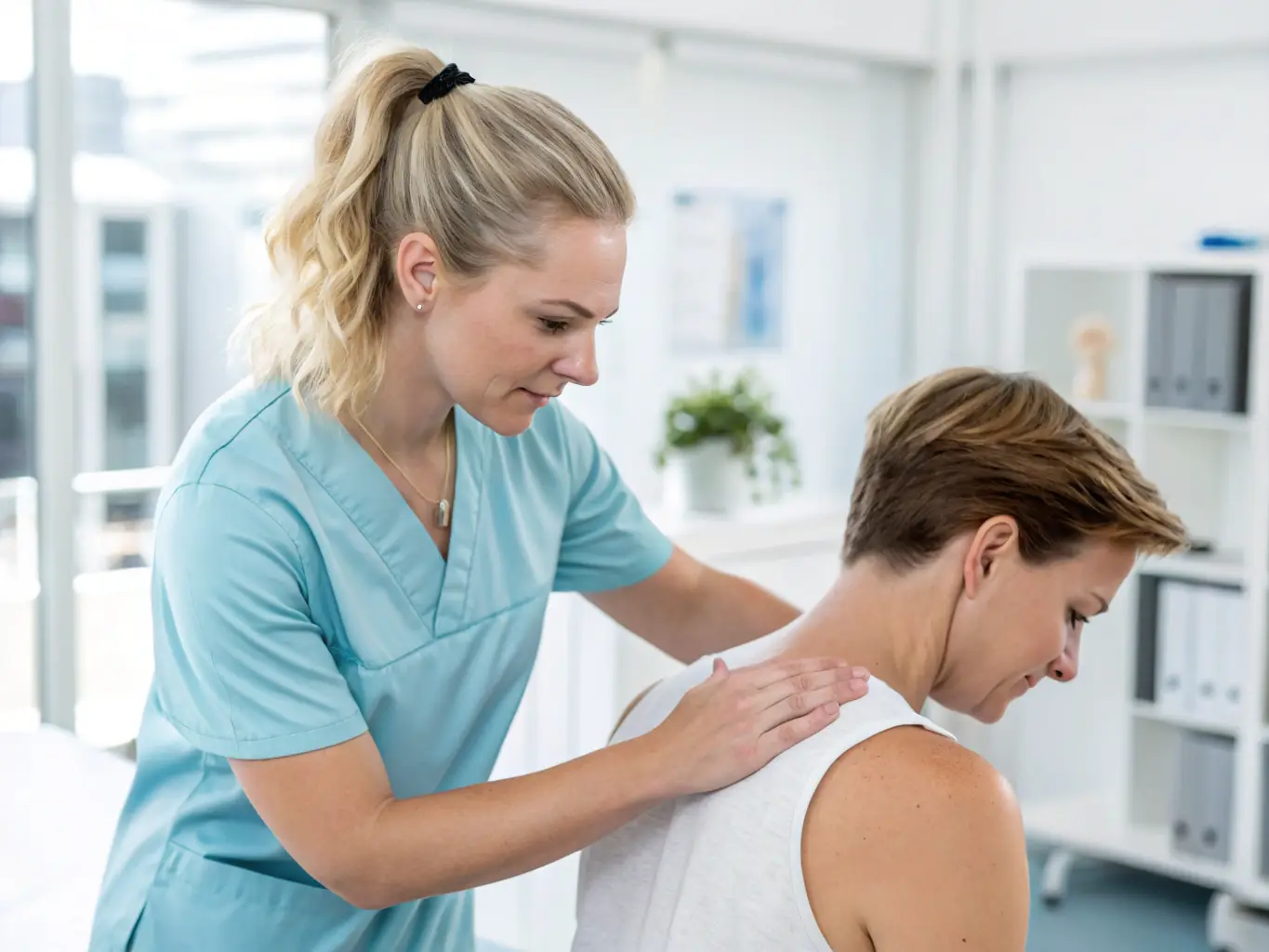 A physiotherapist guiding a patient through a chronic pain management program, emphasizing the clinic's holistic approach to pain relief and rehabilitation.