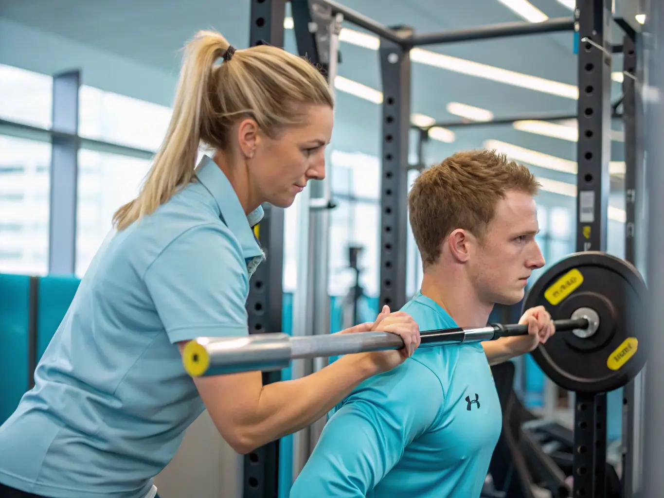 A physiotherapist providing one-on-one rehabilitation to a patient in a well-equipped gym, highlighting the personalized care and attention provided by the clinic.