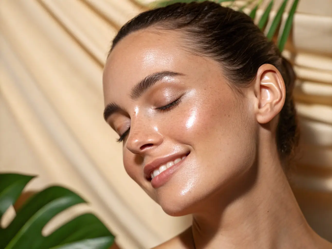 A close-up shot of a woman's face with smooth, wrinkle-free skin, highlighting the effects of anti-aging treatments.