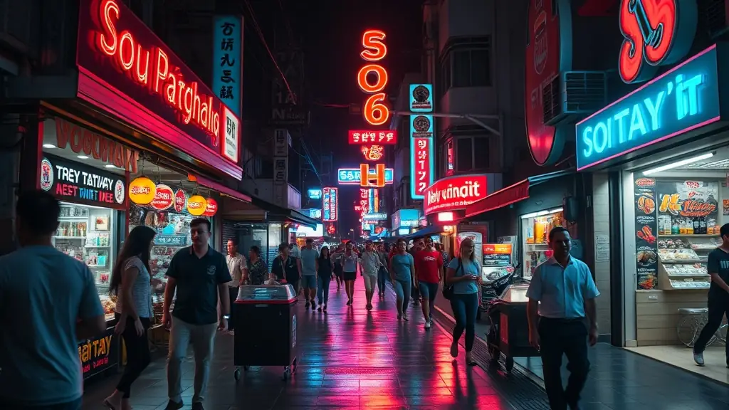A bustling streetscape of Soi 6 in Pattaya, with neon lights and vibrant nightlife.
