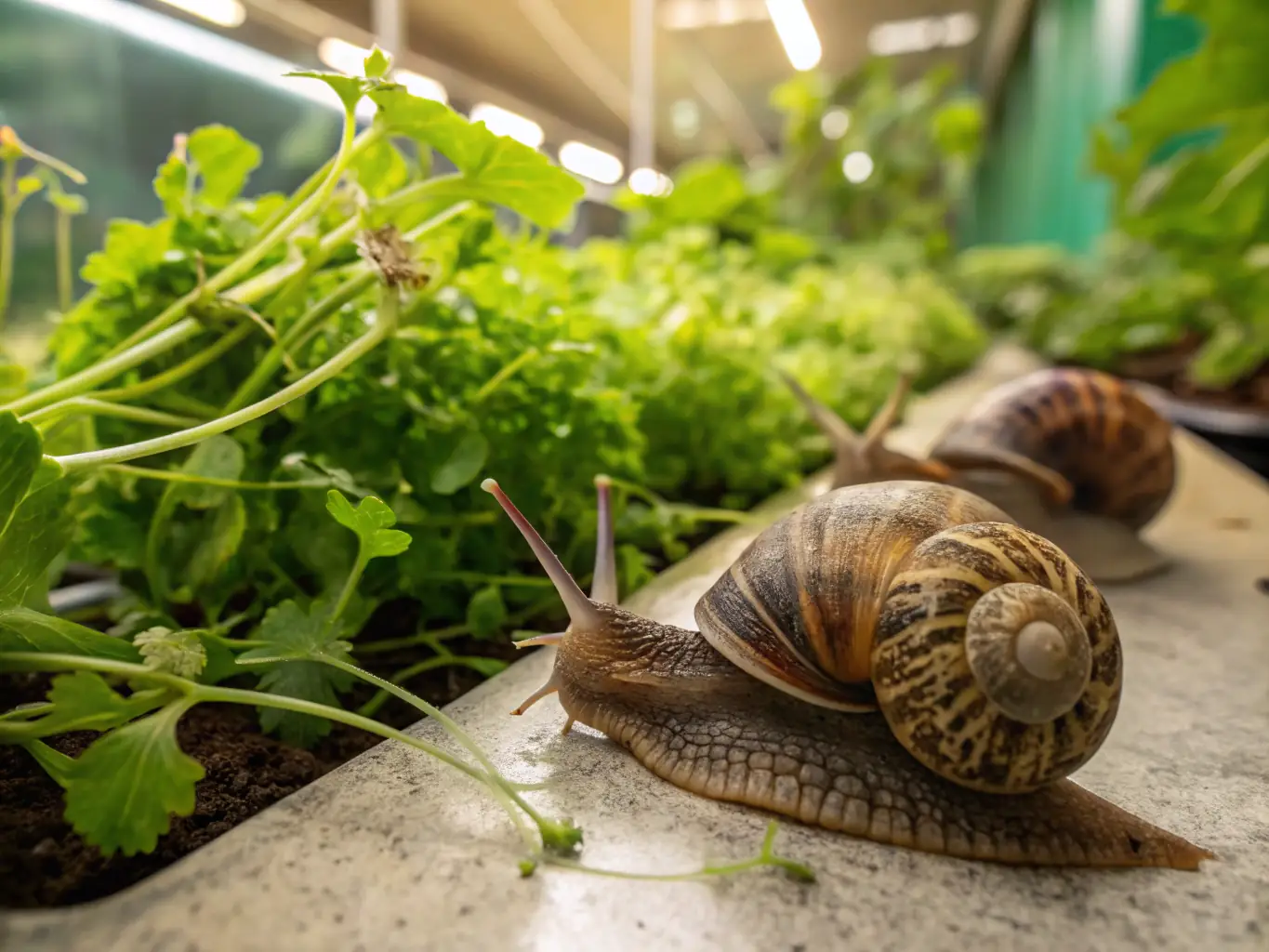 Close-up of a snail on a green leaf in a lush Slovenian forest, emphasizing the natural origin of Caviar d’Escargots skincare.