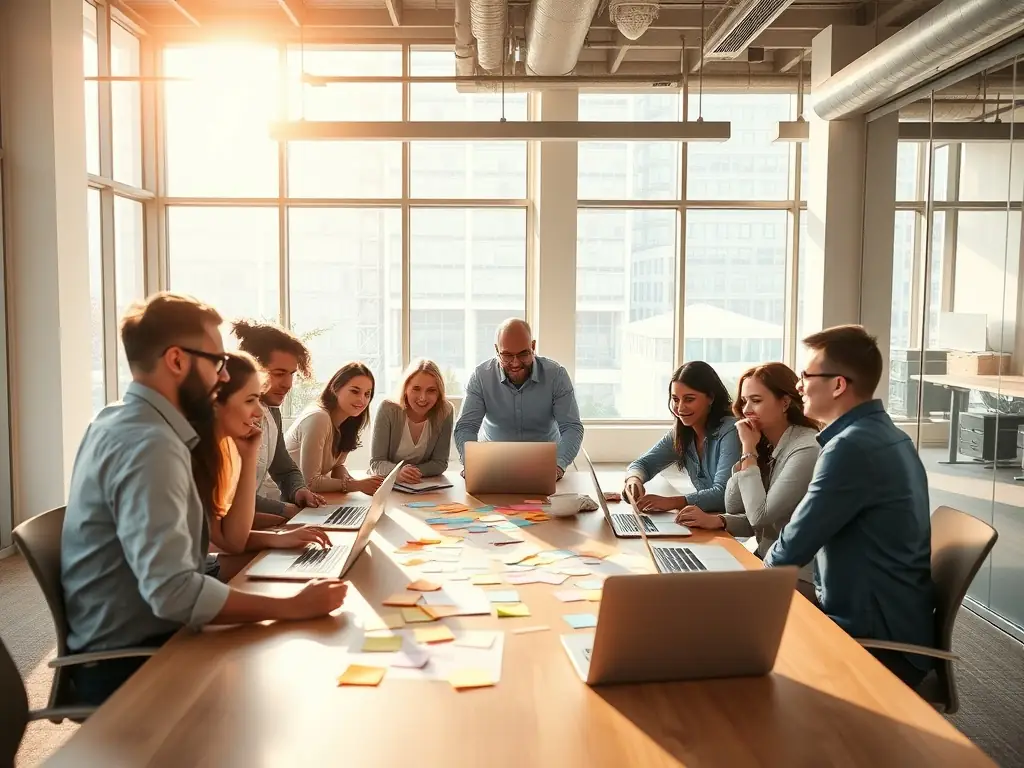 A diverse team of digital marketing experts collaborating in a modern office.