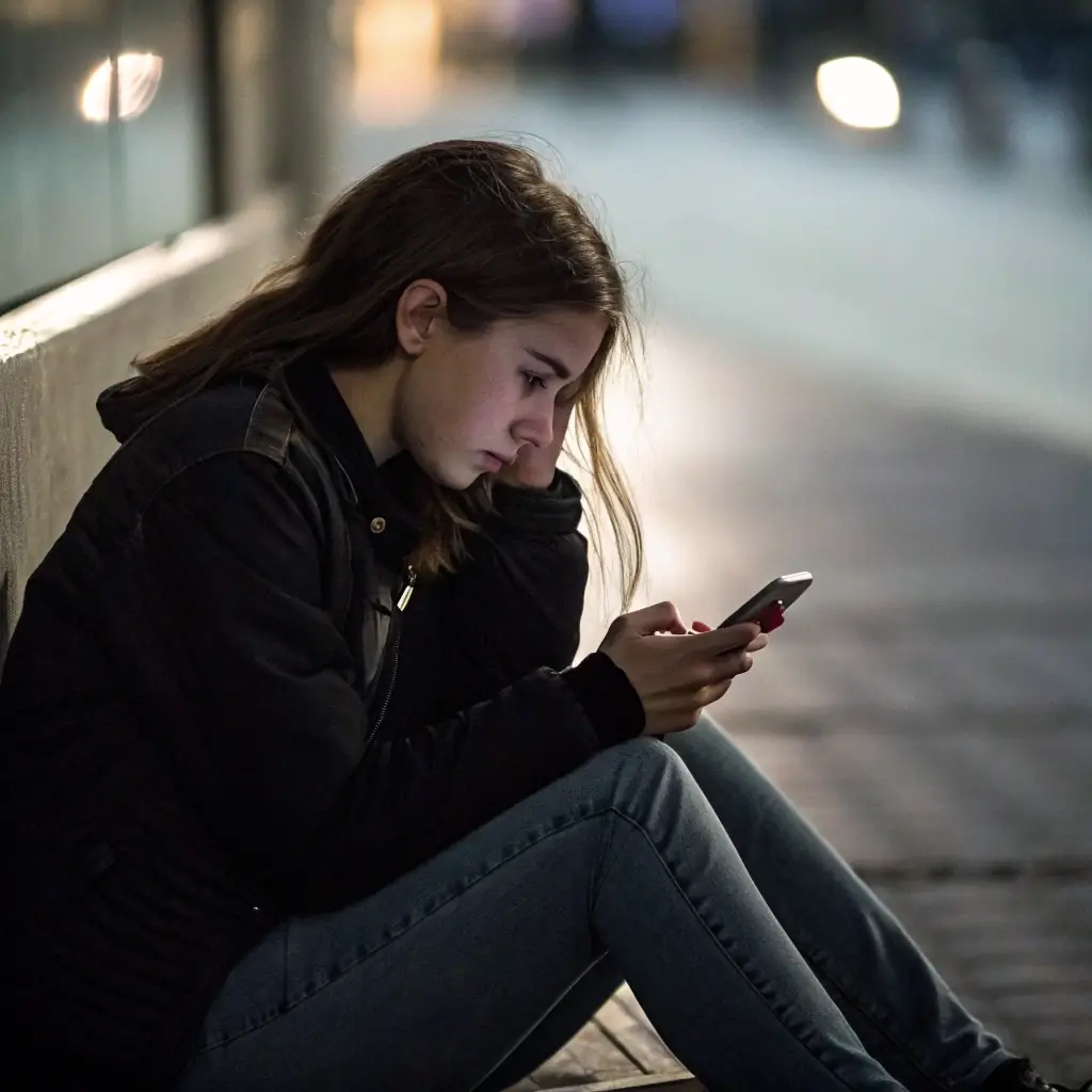 A concerned individual looking at their phone with a worried expression, symbolizing the emotional distress caused by pig butchering scams. The image should convey a sense of vulnerability and the need for professional help.