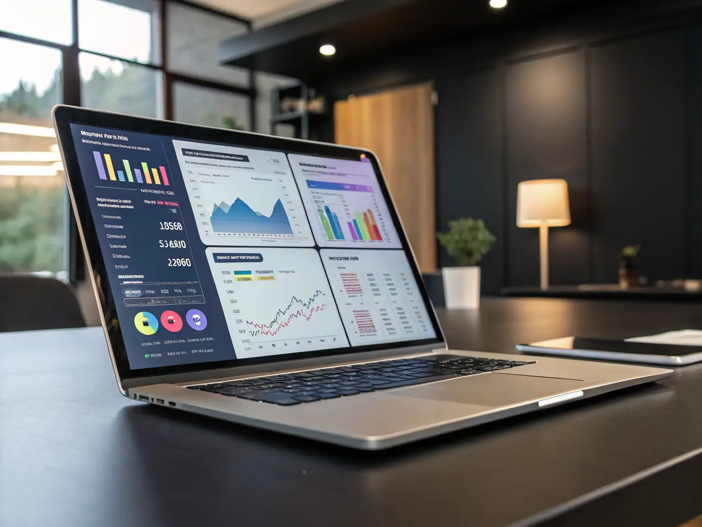 An email marketing campaign shown on a laptop screen with charts and graphs indicating high conversion rates.