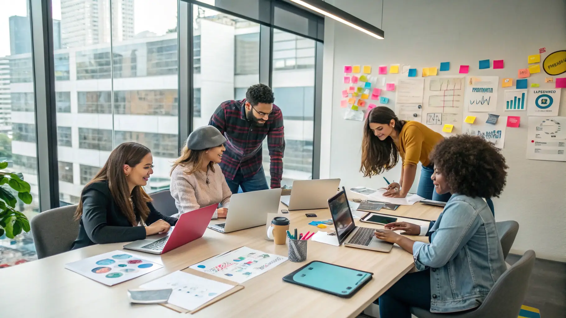 A modern office setting with a team of digital marketing experts analyzing online reputation data on large screens, showcasing OmegaQube's data-driven approach to ORM. The scene includes AI robots assisting with data analysis and strategy development.