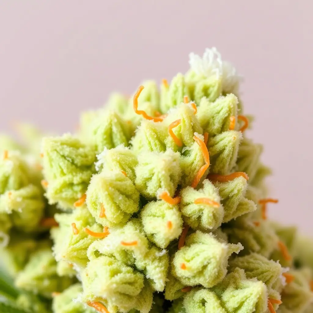 Close-up of Lemon Cookie Gelato Flower, showcasing dense buds, bright green coloration, orange pistils, and a thick frosting of trichomes.