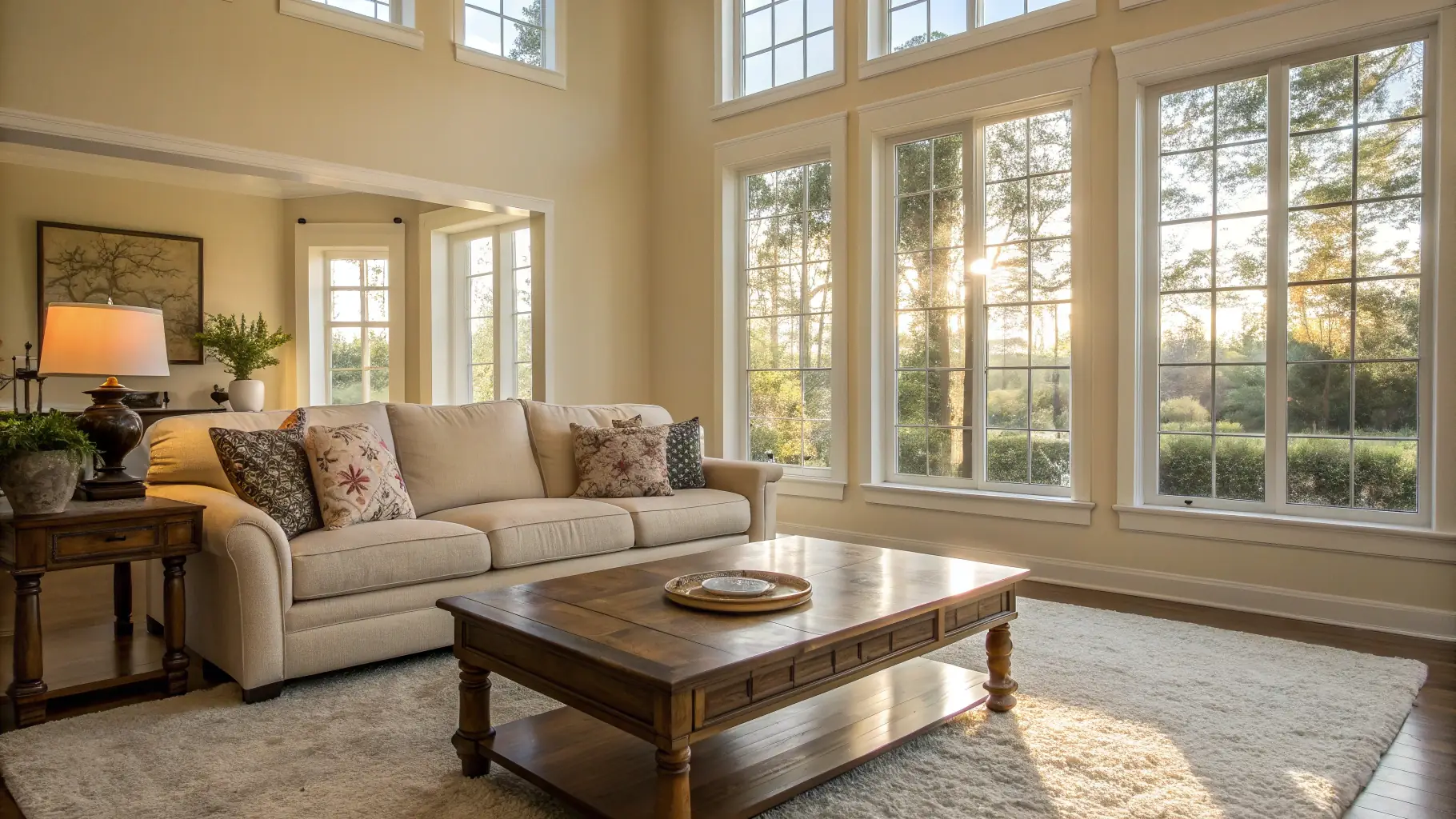 A high-resolution image of a pristine, modern living room with sunlight streaming in, showcasing the results of professional cleaning, emphasizing cleanliness, elegance, and attention to detail.