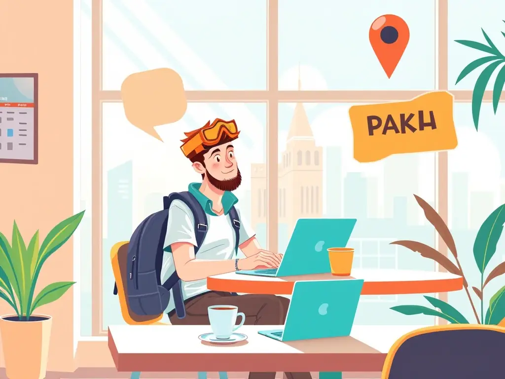 An illustration depicting a traveler enjoying a vibrant coworking space in Danang, with elements like a map pin, coffee cup, and speech bubbles to represent community and connection.