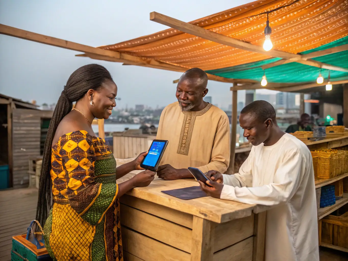 A modern, clean illustration of diverse African shoppers using digital devices to compare products, with floating icons representing trust, savings, and expert advice, set against a white background with green, blue, and gold accents. Used as a hero image for a buying guides page.