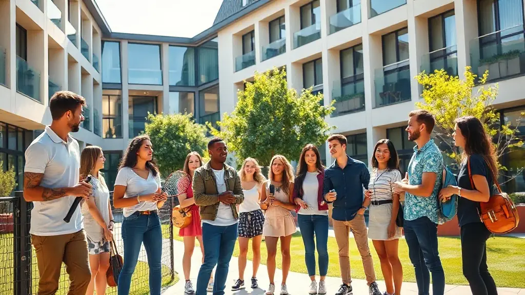 A vibrant, diverse group of students engaging in cultural activities, sports, and leadership programs in a modern European university campus setting, emphasizing global collaboration and personal development.