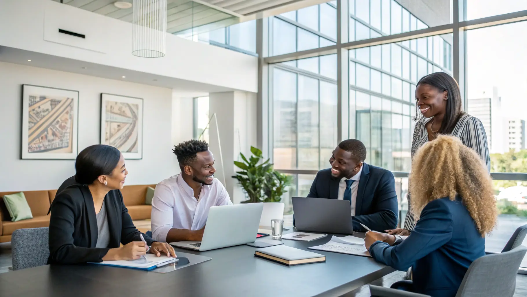 High-resolution image of FleetHire team in action, smiling and collaborating in a modern office environment.