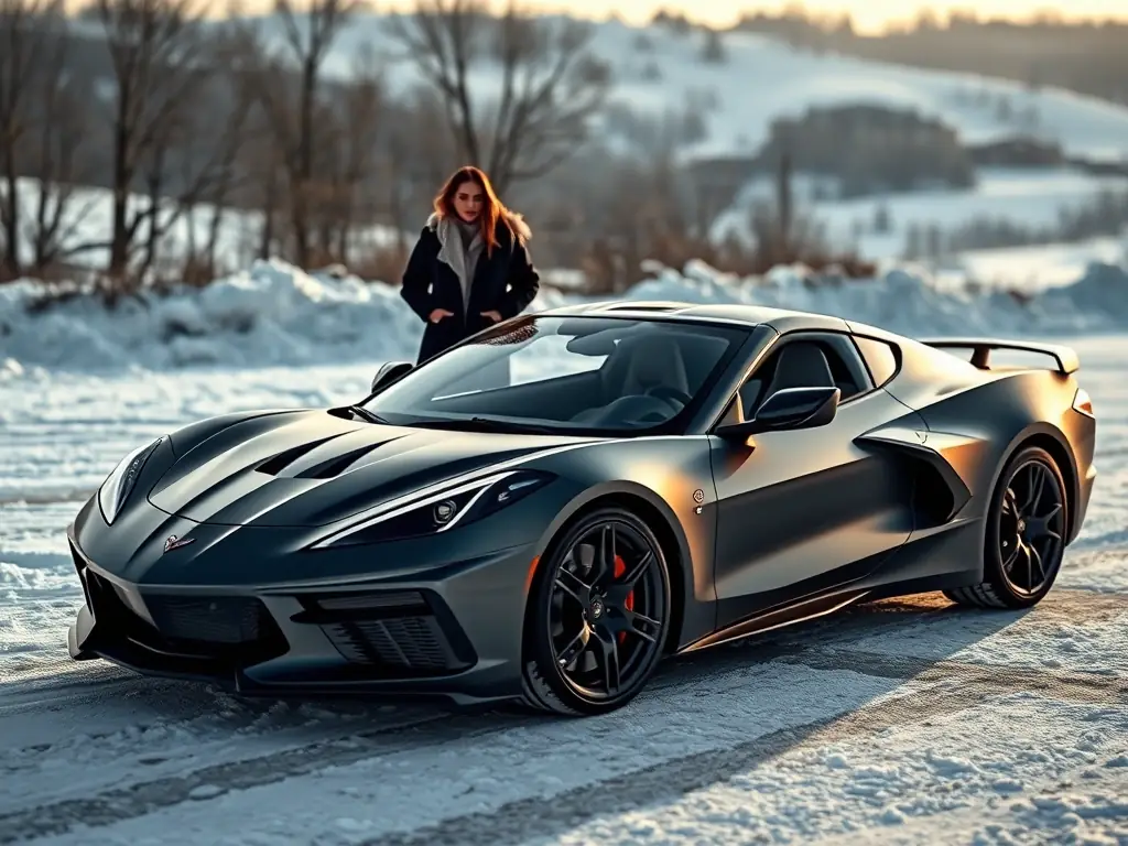 2025 Corvette ZO6 in matte grey with black wheels, parked in a winter lot with two girls checking it out