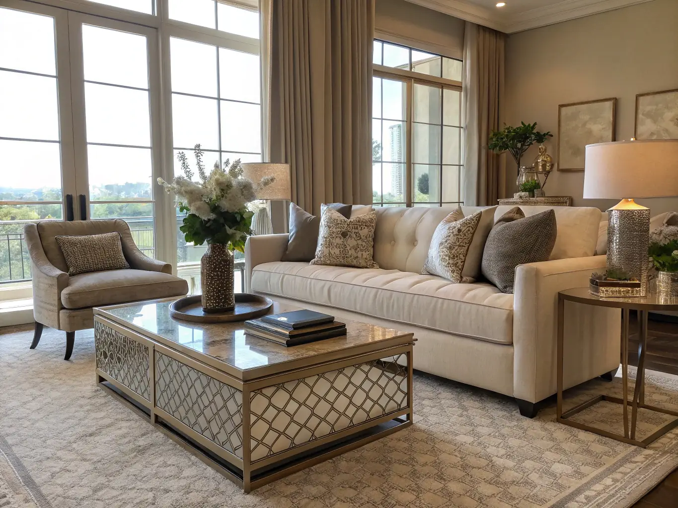 A pristine living room with sunlight streaming through the windows, showcasing a deep cleaned home.