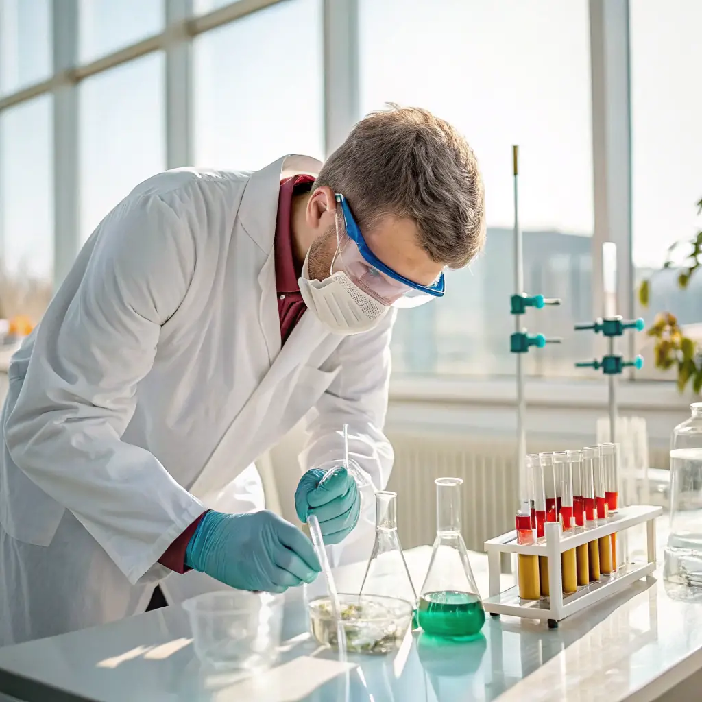 A high-resolution photo of a scientist in a modern laboratory, carefully analyzing a chemical sample with advanced lab equipment, representing precision and expertise in drug testing.
