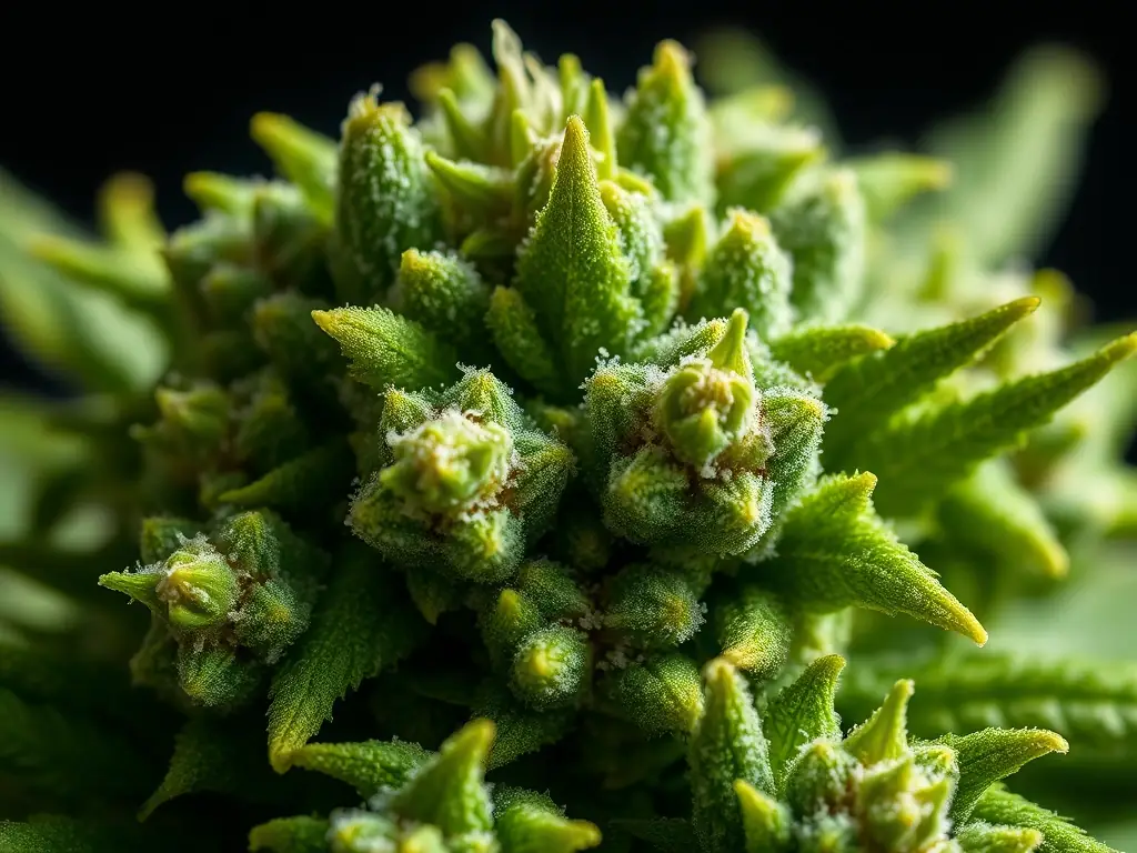 Close-up of Garlic Gas strain buds, showcasing dense resin coverage, bright green coloration, orange pistils, and a thick layer of sparkling trichomes.