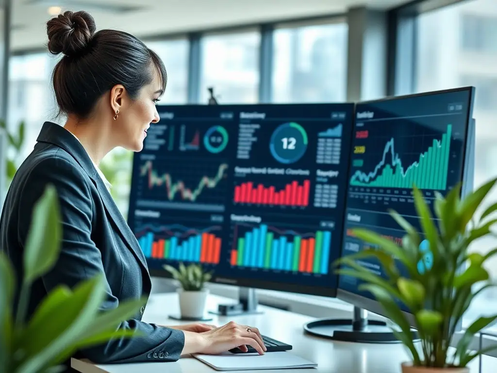 A person is looking at a graph that is going up. The person is smiling.