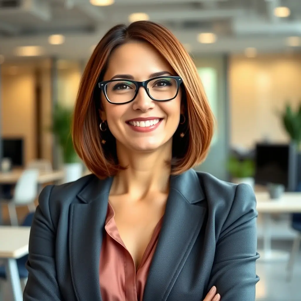 Dr. Sharma has a warm smile, with her dark hair neatly tied back, and she wears stylish glasses that reflect her sharp intellect.