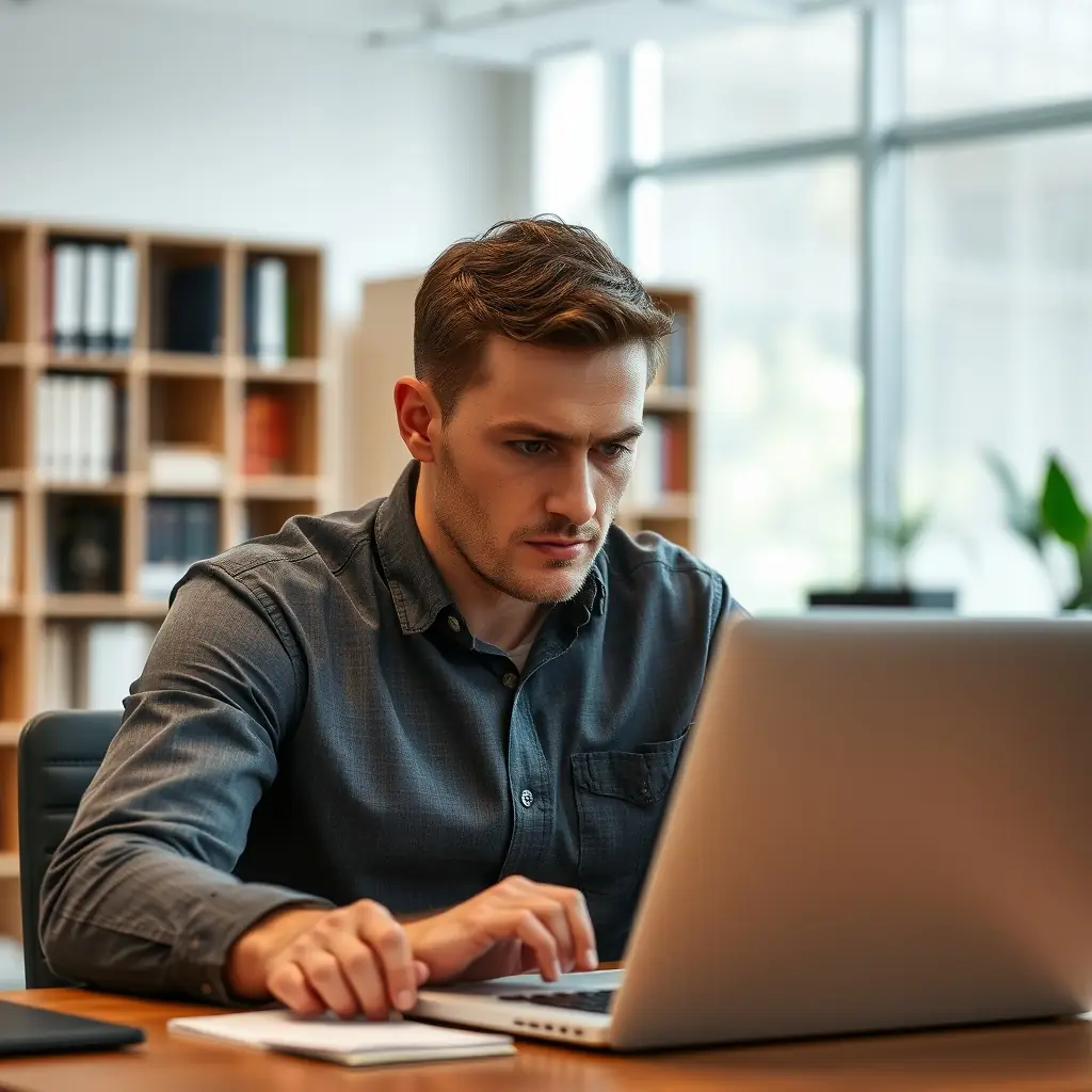 David has a focused and analytical look, with short, dark hair and a serious expression, often seen analyzing data on multiple monitors.
