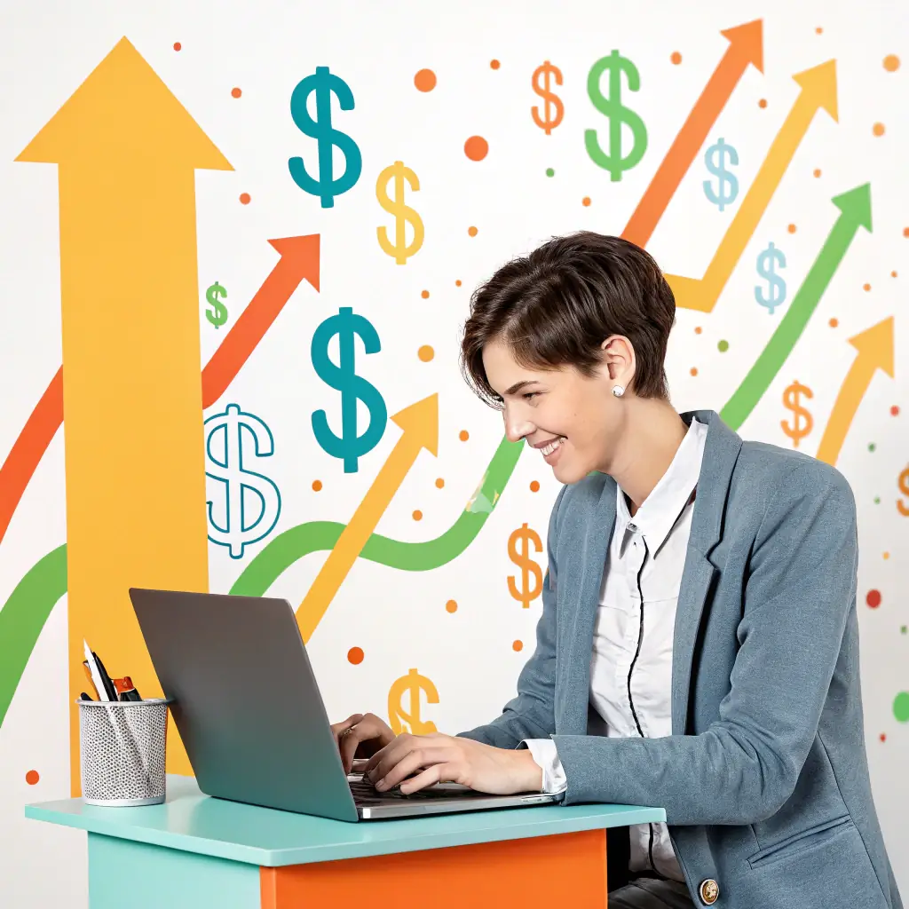 A vibrant image showcasing a customer excitedly interacting with an ecommerce website on their laptop, surrounded by positive visual cues like checkmarks and upward-trending graphs, symbolizing successful outcomes and optimized performance.