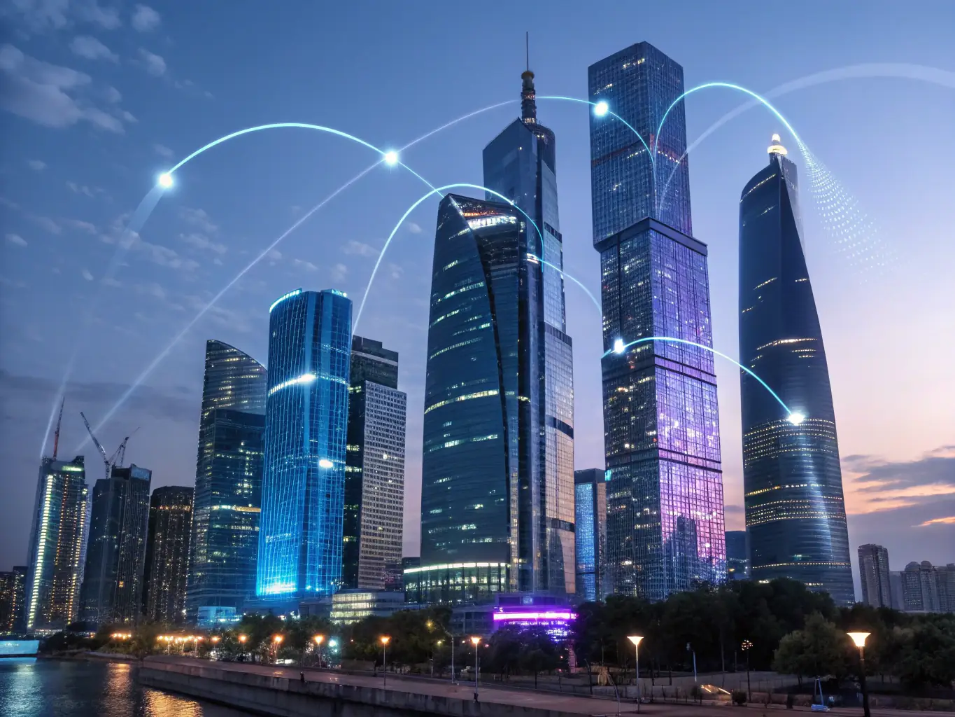 A futuristic cityscape with digital avatars representing Gemini and R2, symbolizing AI-powered security solutions for OmegaQube.