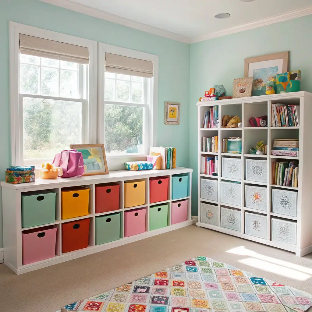 A bright, minimalist living room featuring a Modern Montessori desk mat, a sleek lamp, and a piece of children's art on the wall. The room is bathed in natural light, creating a serene and inviting atmosphere. A child is playfully interacting with a Montessori toy on the desk.