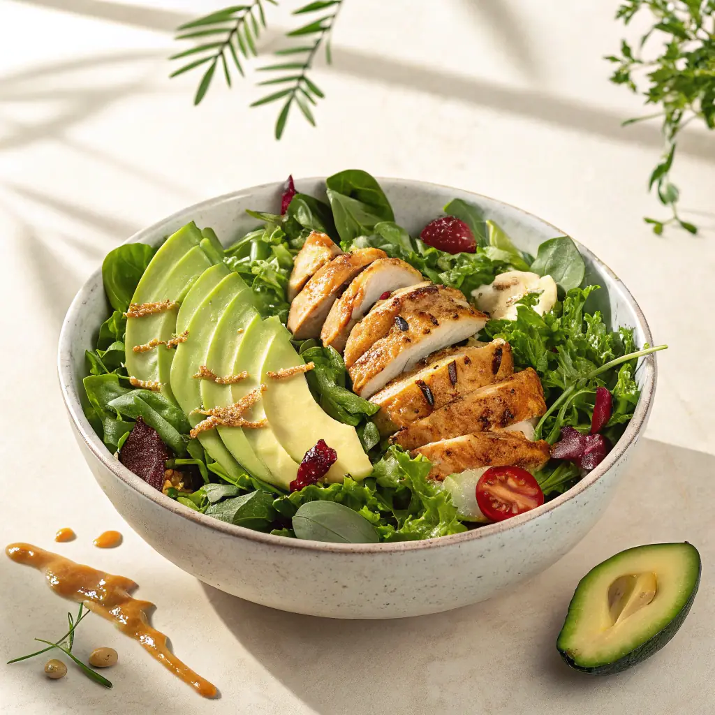 A vibrant and colorful plate of food with a variety of vegetables, lean protein, and healthy fats, representing a balanced and nutritious meal.