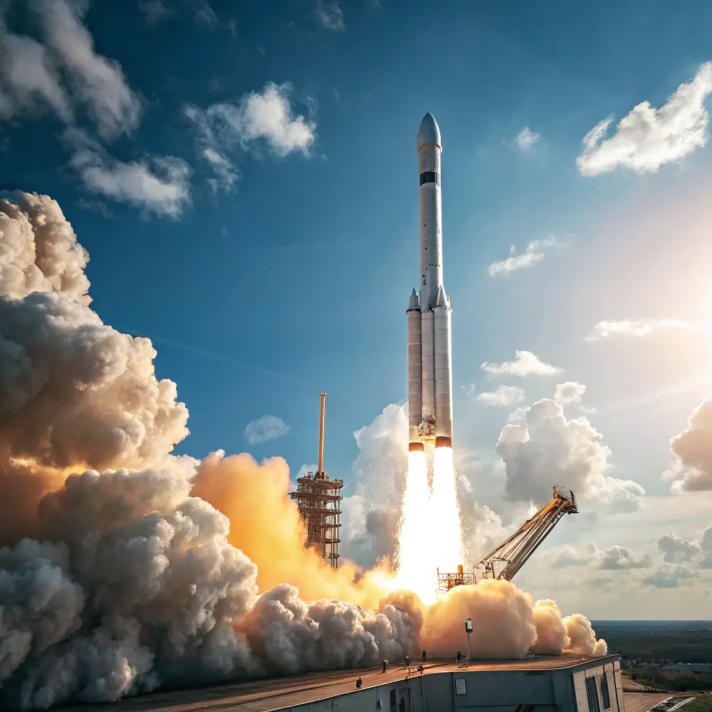 An image representing a rocket launching, symbolizing the fast and effective launch sprint offered by Boundless Digital Agency. The image should convey speed, innovation, and success, appealing to scrappy founders and brand builders.
