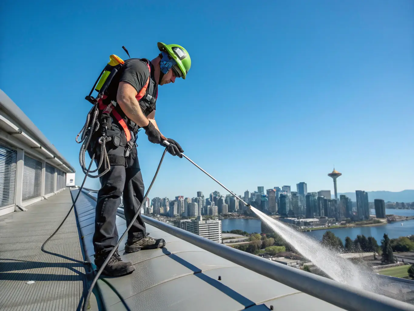A clear image of the SkyVac vacuum system being used to clean gutters from the ground. The image should highlight the reach of the carbon fiber poles and the safety of the ground-based operation.