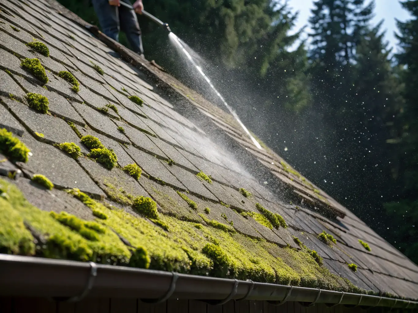 A detailed image of a roof being cleaned, showing the removal of moss and algae. The image should illustrate the gentle yet effective cleaning methods used by Jet Wash Innovations, suitable for various roof types.